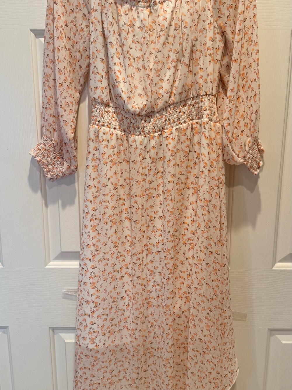 Luxology Long-Sleeve Floral Maxi High Low Dress in Cream and Coral Pink - Picture 8 of 8